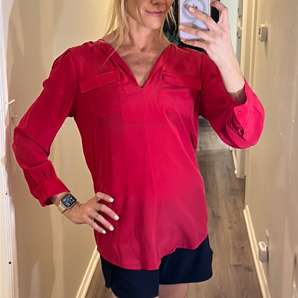Joie Silk Red/Hot Pink V neck long sleeve blouse. Fire red color Size small